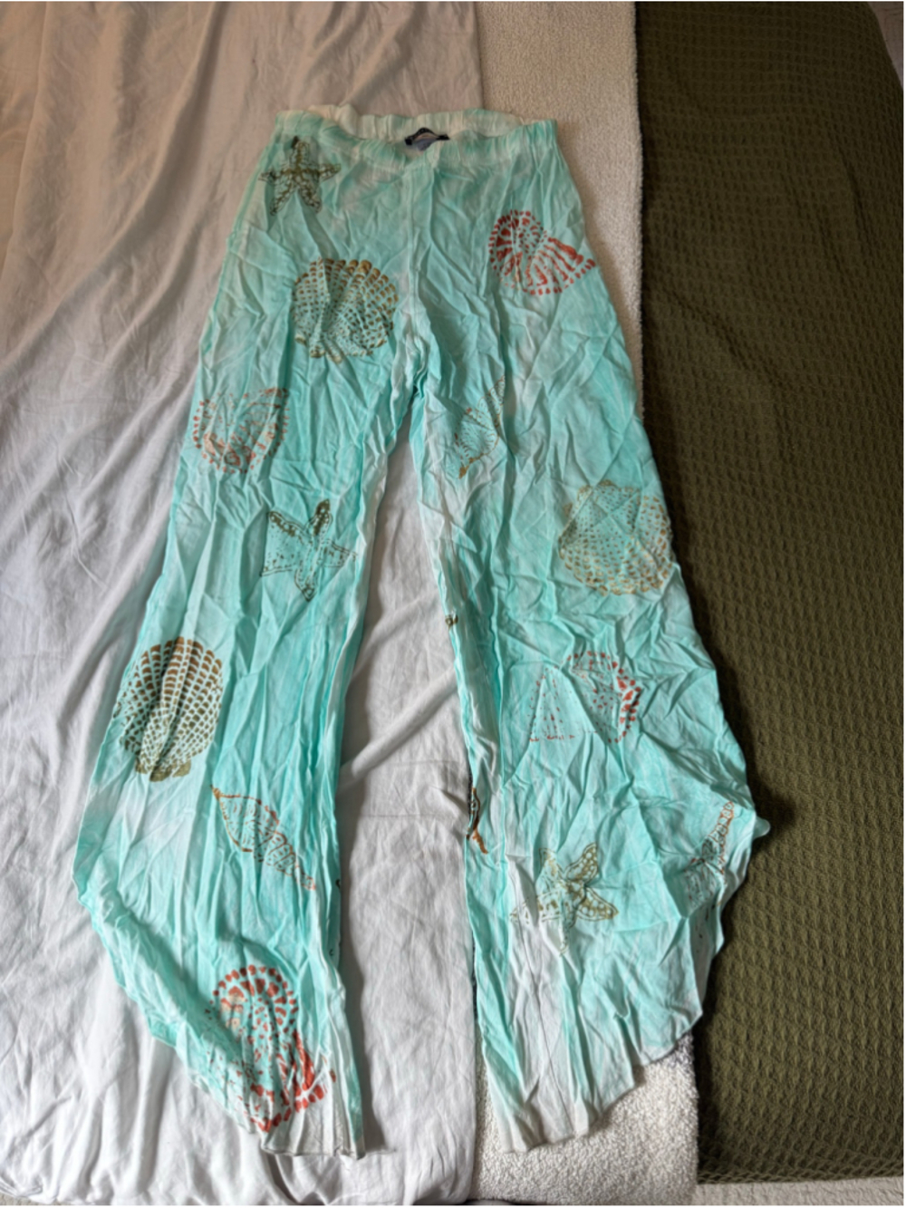 Women's T Party Wide Leg Pants Size S Blue White Seashell Print